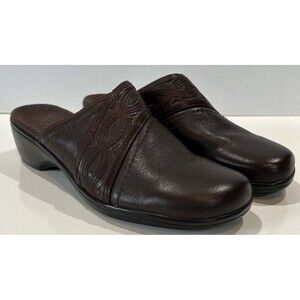 Clarks Bendables Brown Leather Slip-On 67047 Comfort Mule Clog Shoes Women’s 9